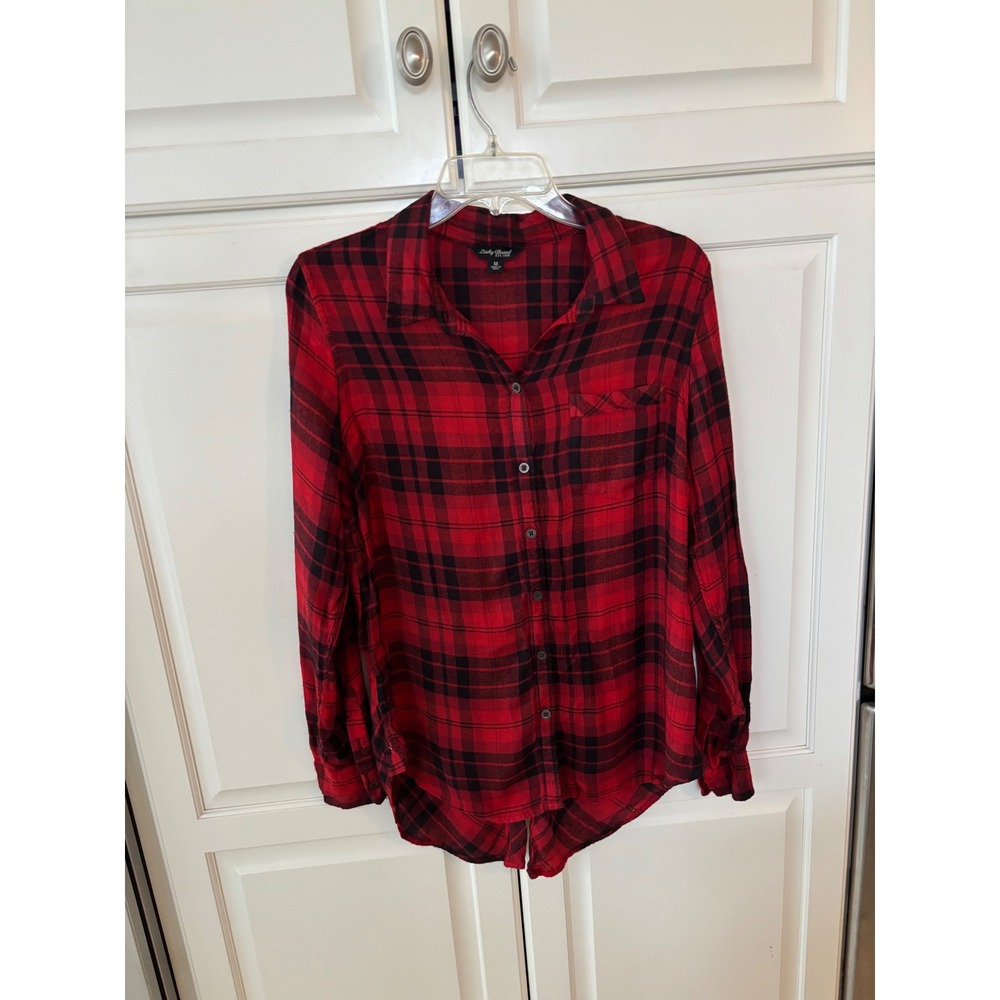 Lucky Brand Womens Red Black Plaid Button Down Shirt‎ Split Back Flannel Medium